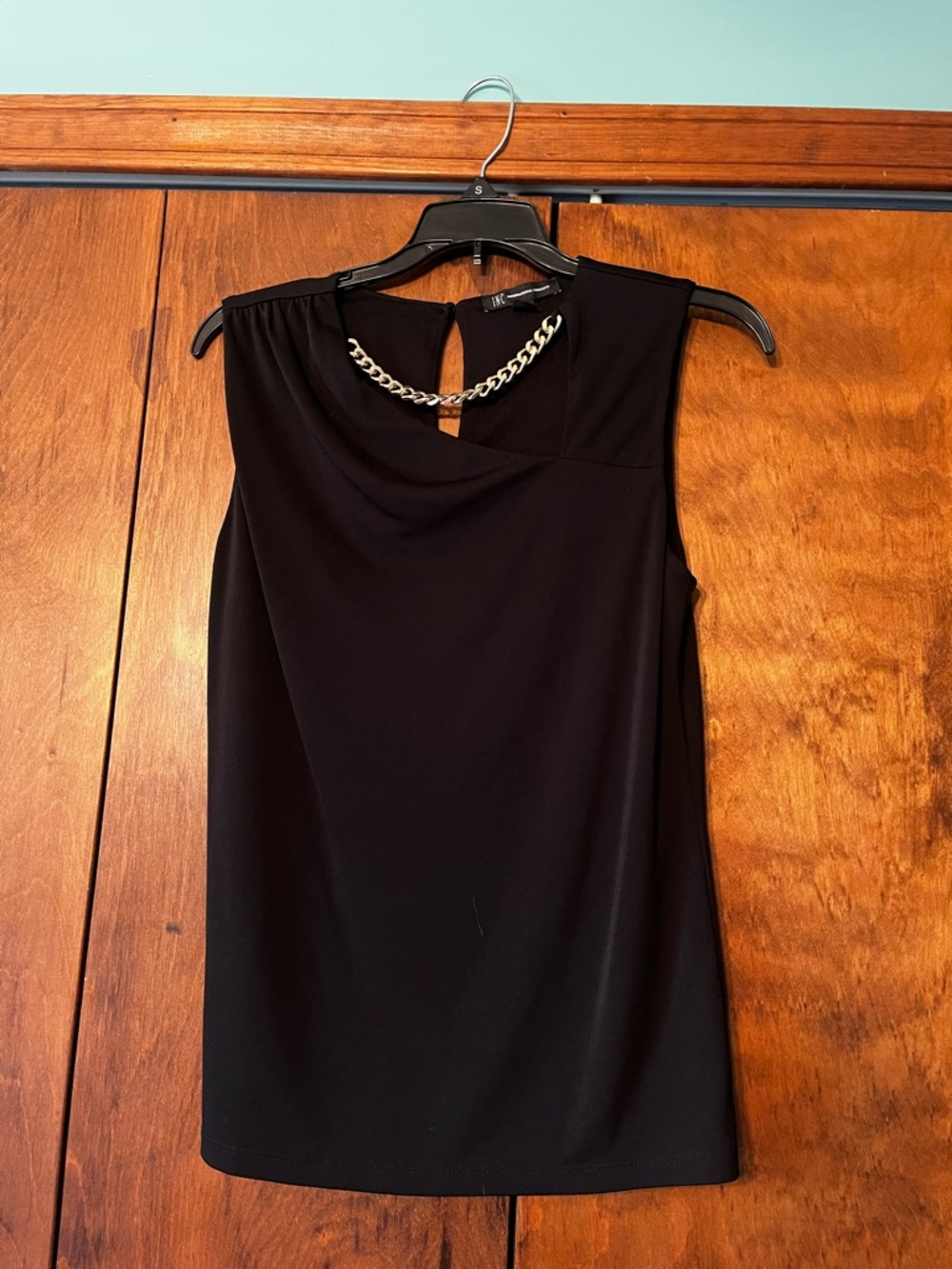 INC International Concepts Black Sleeveless Top with Gold Chain Accent